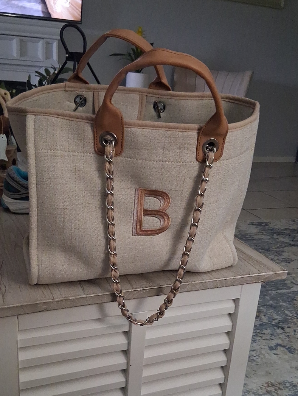 Beige Canvas Tote with Tan Leather Trim and Chain-Strap. Firm Price